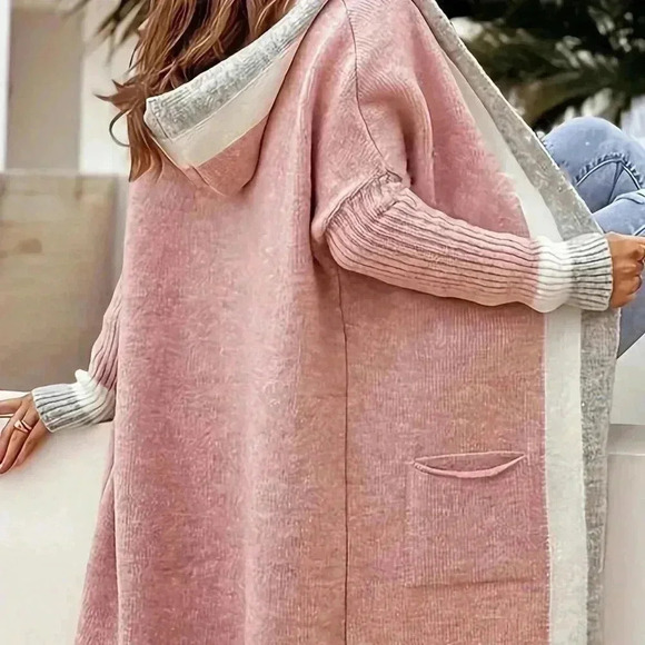Pink Casual Women's Color Blocking Hooded Knit Cardigan - Picture 2 of 4